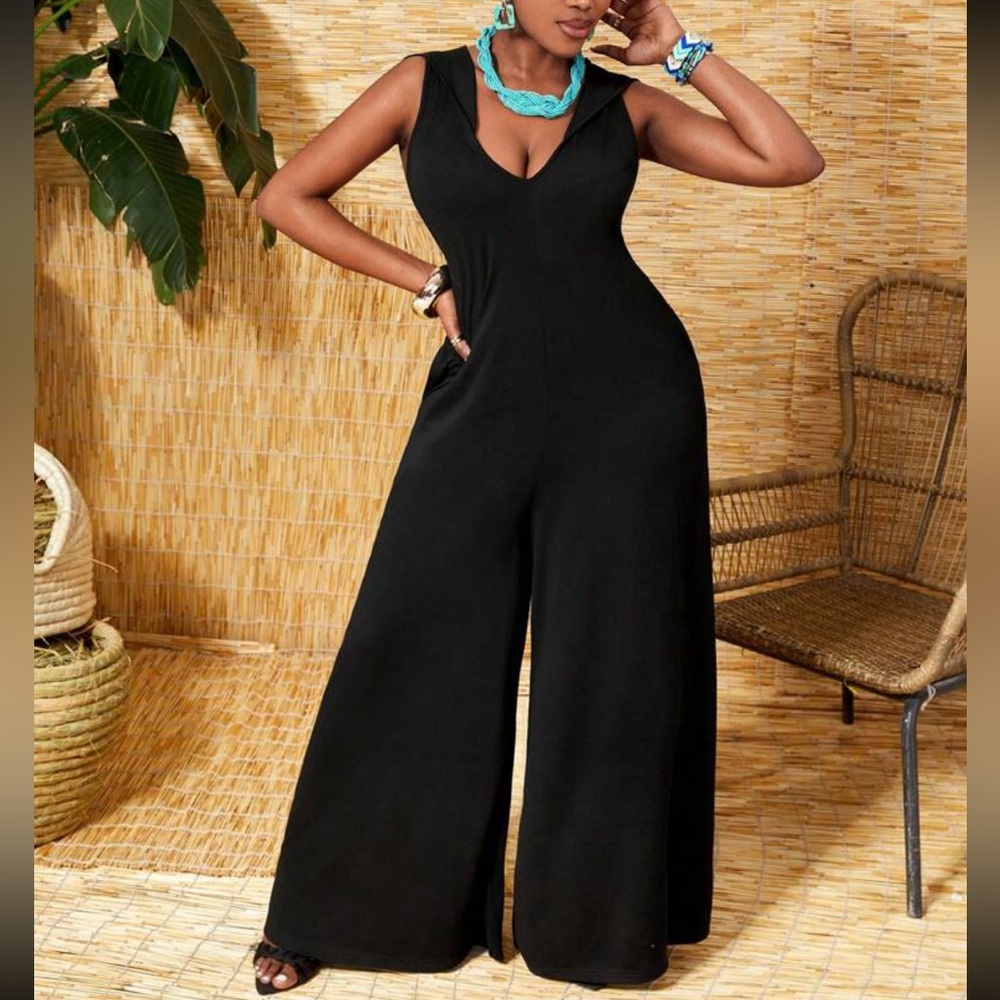Boho Sleeveless Hooded Hood Wide Leg Palazzo Pants Jumpsuit Black - Picture 5 of 6